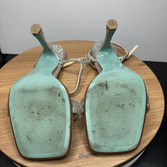 Betsey Johnson Flare Sparkly Rhinestone Square Toe Heels Silver Sandals Size 8.5 - Picture 4 of 8